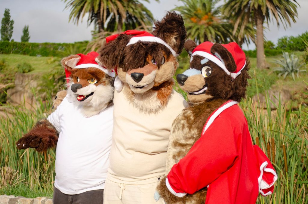 Three people in furry costumes with Santa hats enjoying a festive day outdoors. — Jollymax